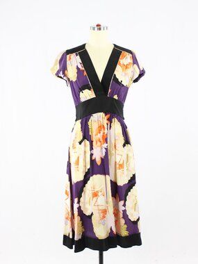 Anthropologie COREY LYNN CALTER Floral Silk Crepe Cap Sleeve A-Line Dress Size 4